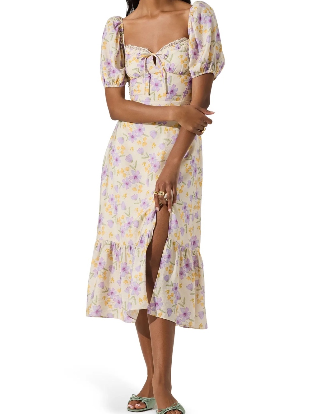 Astr the Label Floral Eyelash Lace Detail Midi Dress